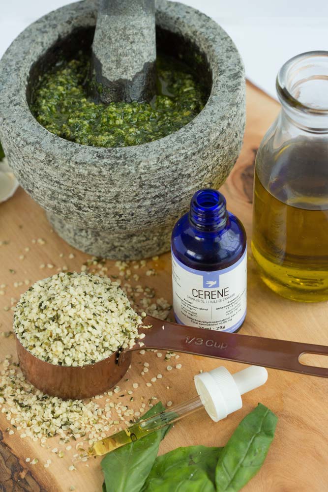 Peace Naturals Hemp Heart pesto with bottle of The Peace Naturals Project Cerene cannabis oils.