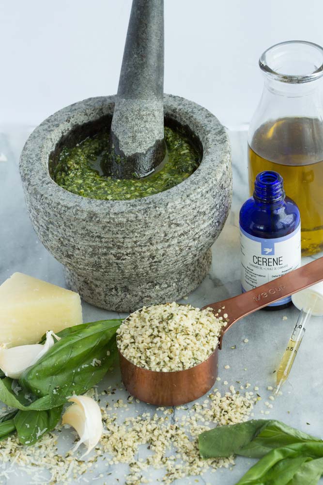Peace Naturals Hemp Heart Pesto with bottle of cannabis oil Cerene.